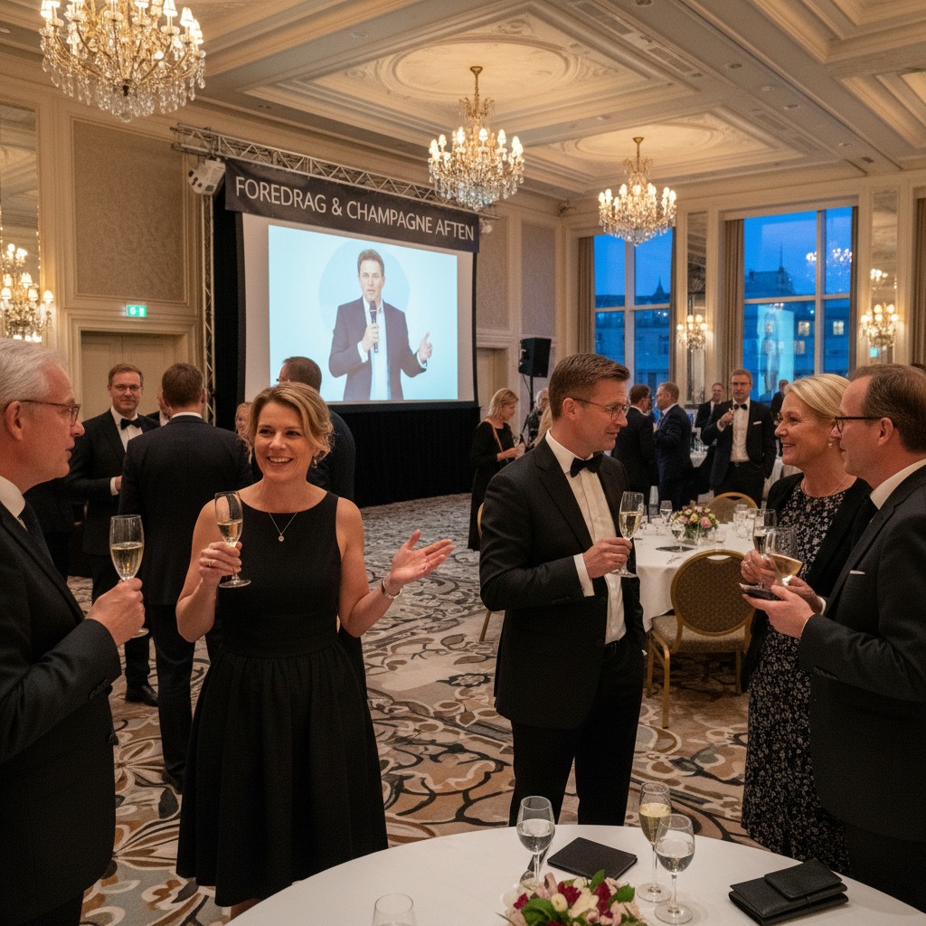 Mennesker i gallatøj mingler og skåler i champagne under et foredrag i en stor, elegant festsal.