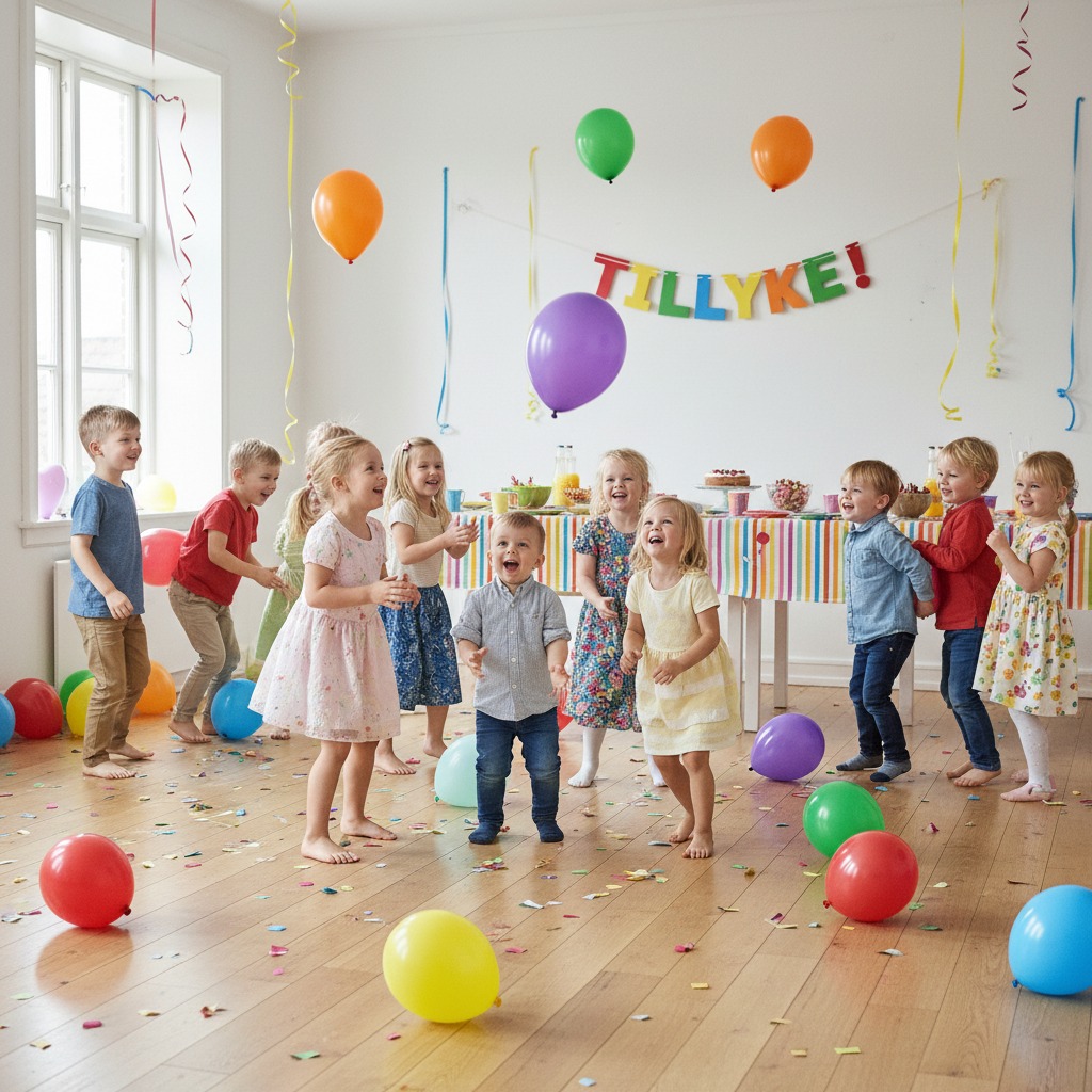 En gruppe glade børn fejrer fødselsdag i et lyst lokale pyntet med balloner og guirlander, mens de danser på gulvet med konfetti.