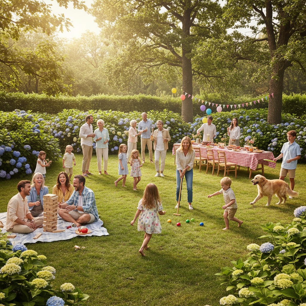 En stor familie nyder en solskinsdag med leg og hygge i en frodig have med blomstrende hortensiaer og et langbord i baggrunden.
